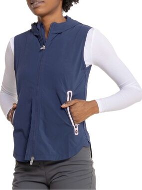 Peter Millar Jameson Flex Adapt Hooded Vest in navy blue. Med